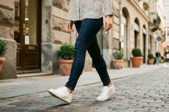 Femme portant des baskets blanches en cuir et un jean indigo marchant sur un trottoir en pavés dans une rue commerçante urbaine