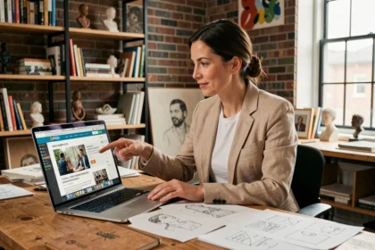 Femme créatrice de projets culturels devant un écran de campagne de financement participatif dans un studio artistique