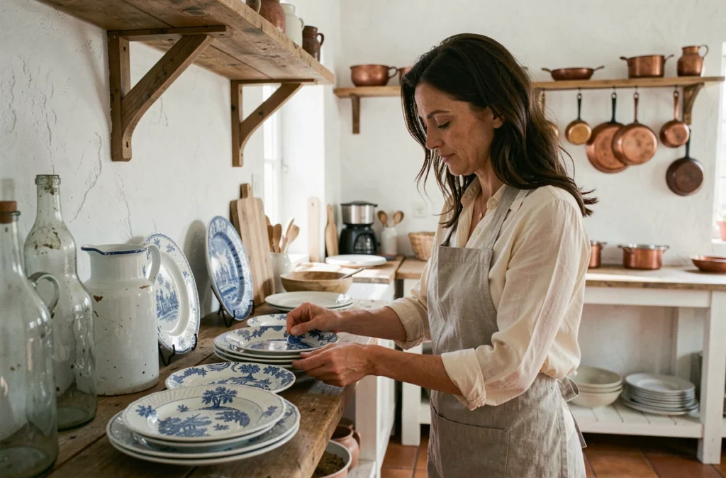 Femme arrangeant des assiettes en porcelaine chinées sur une étagère en bois dans une cuisine de ferme française au style authentique