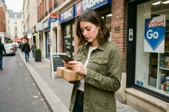 Jeune femme consultant son téléphone devant un point Vinted Go pour déposer son colis