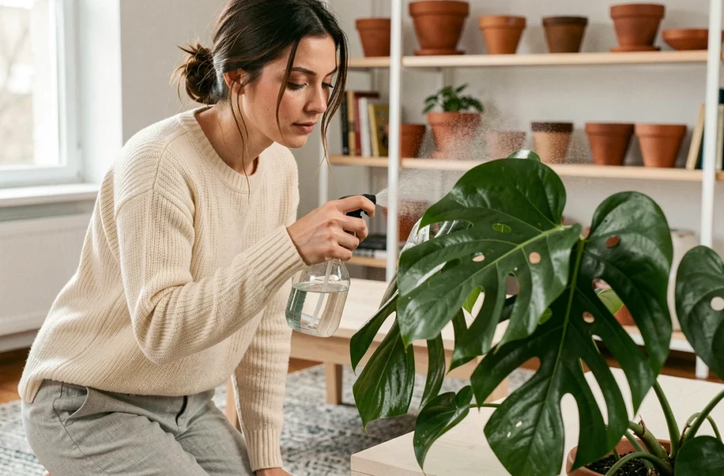 Femme arrosant un monstera dans un salon scandinave lumineux avec des plantes en pot sur des étagères
