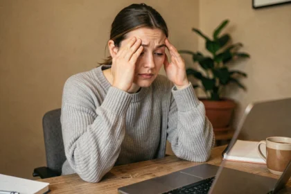 Femme fatiguée se frottant les yeux devant un écran d'ordinateur portable dans un bureau à domicile