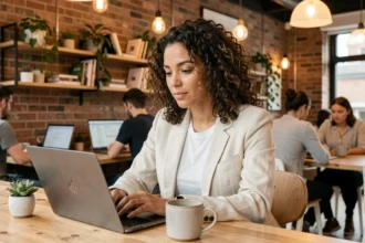 Femme indépendante travaillant sur un ordinateur portable dans un espace de coworking moderne avec murs en brique et bureaux en bois