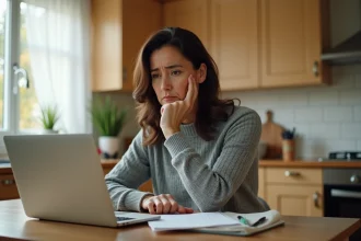 Femme inquiète consultant son ordinateur portable après avoir été victime d'une arnaque sur Le Bon Coin