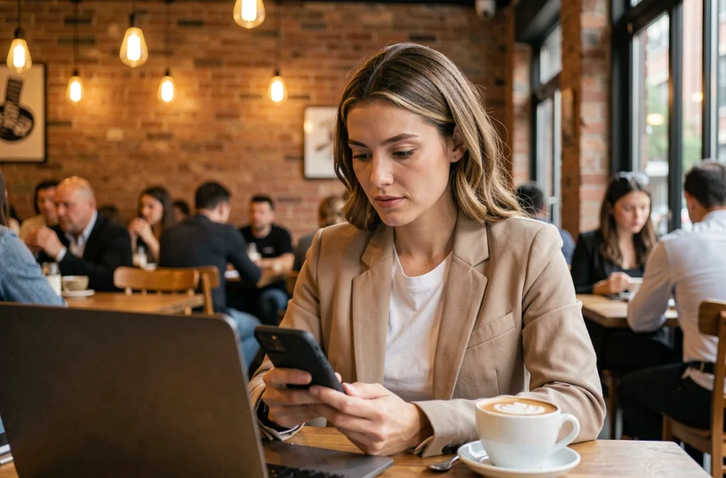 Femme investissant dans les cryptomonnaies via une application mobile dans un café urbain animé
