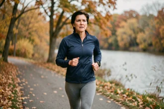 Femme de 45 ans faisant du jogging sur un chemin de bord de rivière en automne, illustrant l'activité physique comme prévention du diabète