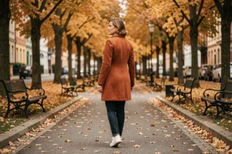 Femme de 40 ans marchant seule dans un parc en automne, vêtue d'un manteau en laine rouille, illustrant les bienfaits de la marche quotidienne sur le moral