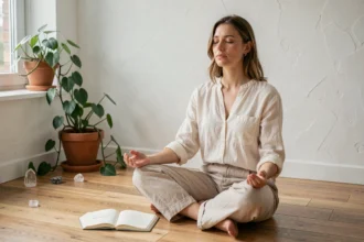Femme méditant dans un salon minimaliste avec un journal ouvert affichant le nombre 222, illustrant la loi de l'attraction