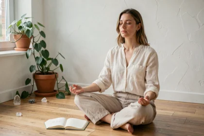 Femme méditant dans un salon minimaliste avec un journal ouvert affichant le nombre 222, illustrant la loi de l'attraction