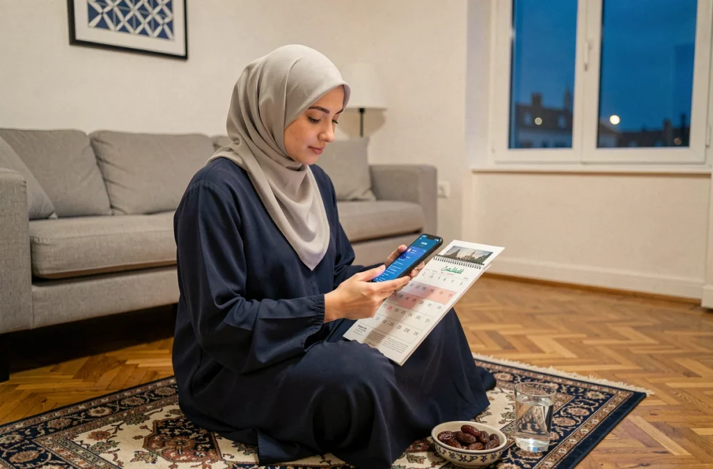 Jeune femme musulmane consultant le calendrier imsak du Ramadan sur téléphone dans un appartement parisien