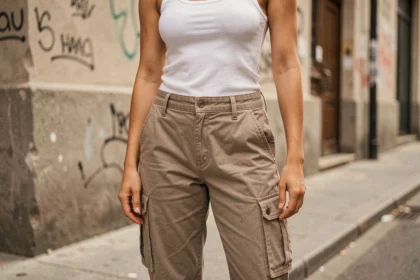 Femme portant un pantalon cargo beige avec poches latérales dans une rue urbaine, style mode casual tendance automne
