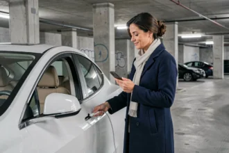 Femme française branchant un câble de recharge sur une voiture électrique blanche dans un parking urbain en béton
