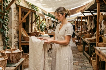 Femme en robe en lin naturel écru dans un marché artisanal français, illustration de la tendance lin dans les collections estivales