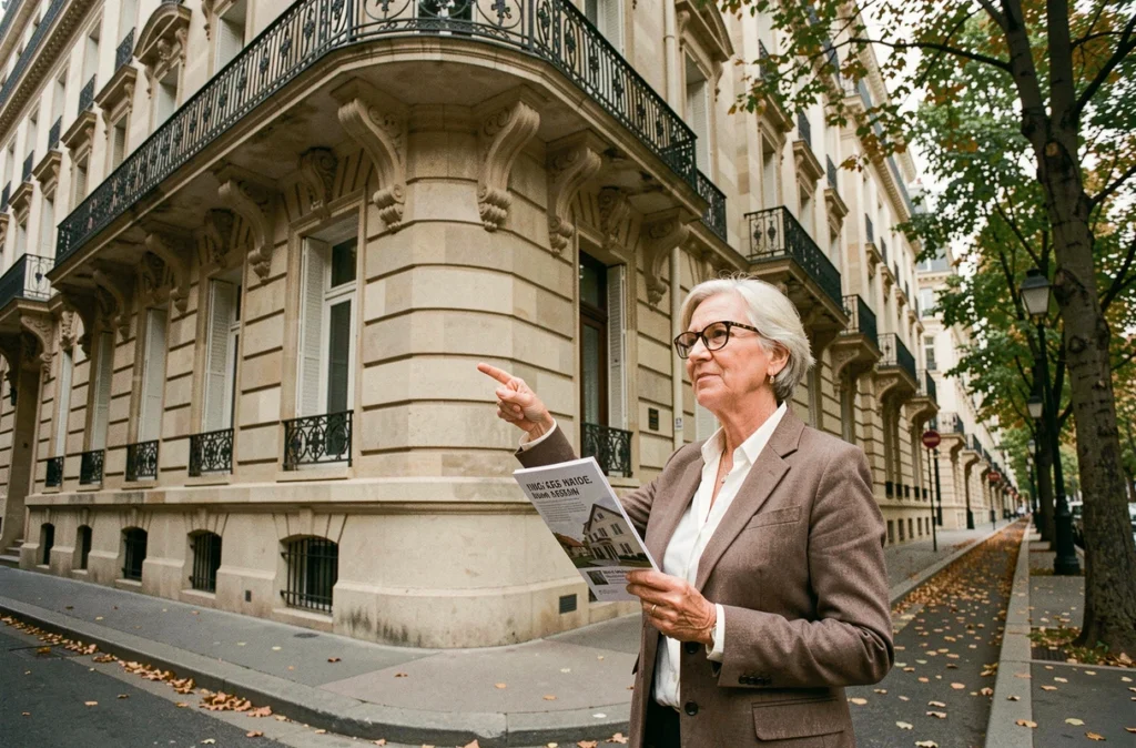 Une femme senior évalue un immeuble haussmannien dans le cadre d'un investissement en viager, avec une brochure immobilière en main.