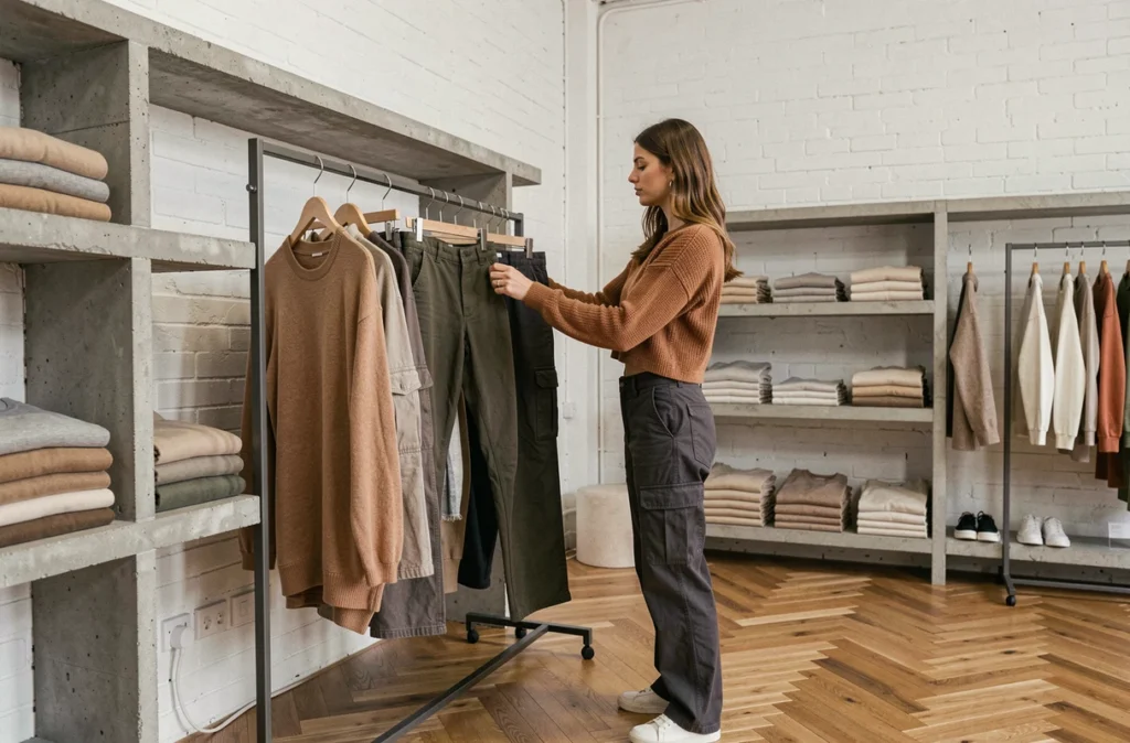 Femme découvrant des pantalons cargo dans une boutique de mode parisienne minimaliste, tendance mode femme automne hiver