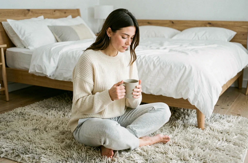 Femme assise sur un épais tapis moelleux dans une chambre de style scandinave tenant une tasse de café