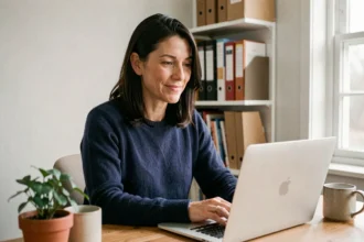 Femme en télétravail dans un bureau à domicile confortable, travaillant sur un ordinateur portable dans une PME française
