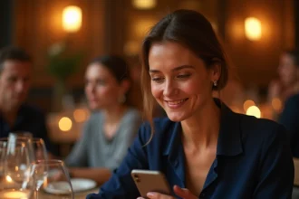 Femme consultant une application de traduction sur smartphone lors d'un dîner en soirée