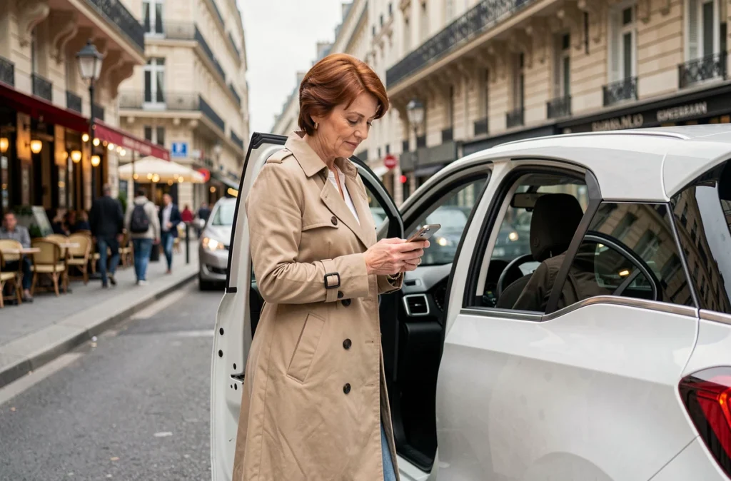 Femme d'une quarantaine d'années utilisant une voiture hybride compacte dans une rue animée de ville européenne