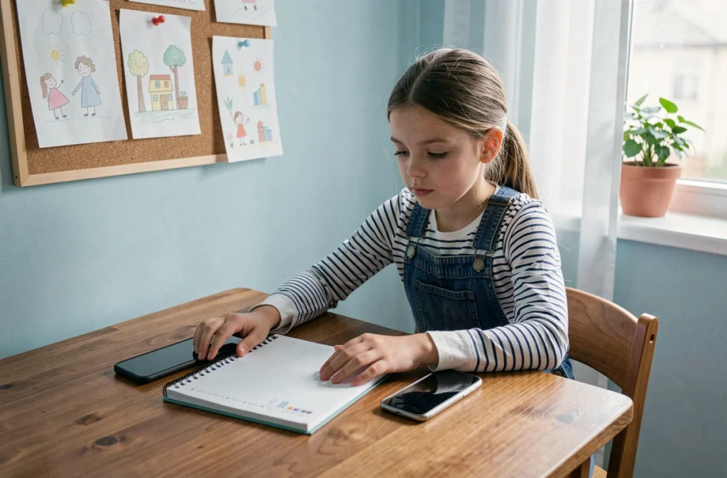 Fillette posant son téléphone volontairement pour respecter les règles de temps d'écran dans sa chambre
