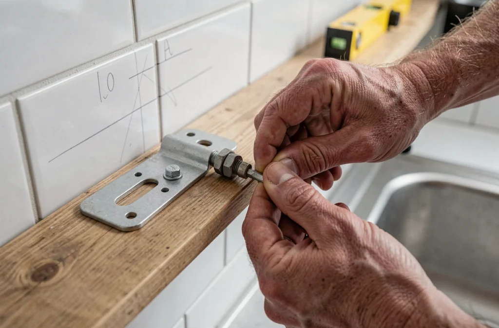 Gros plan sur des mains vissant un boulon sur une équerre de fixation lors de l'installation d'une étagère murale modulable