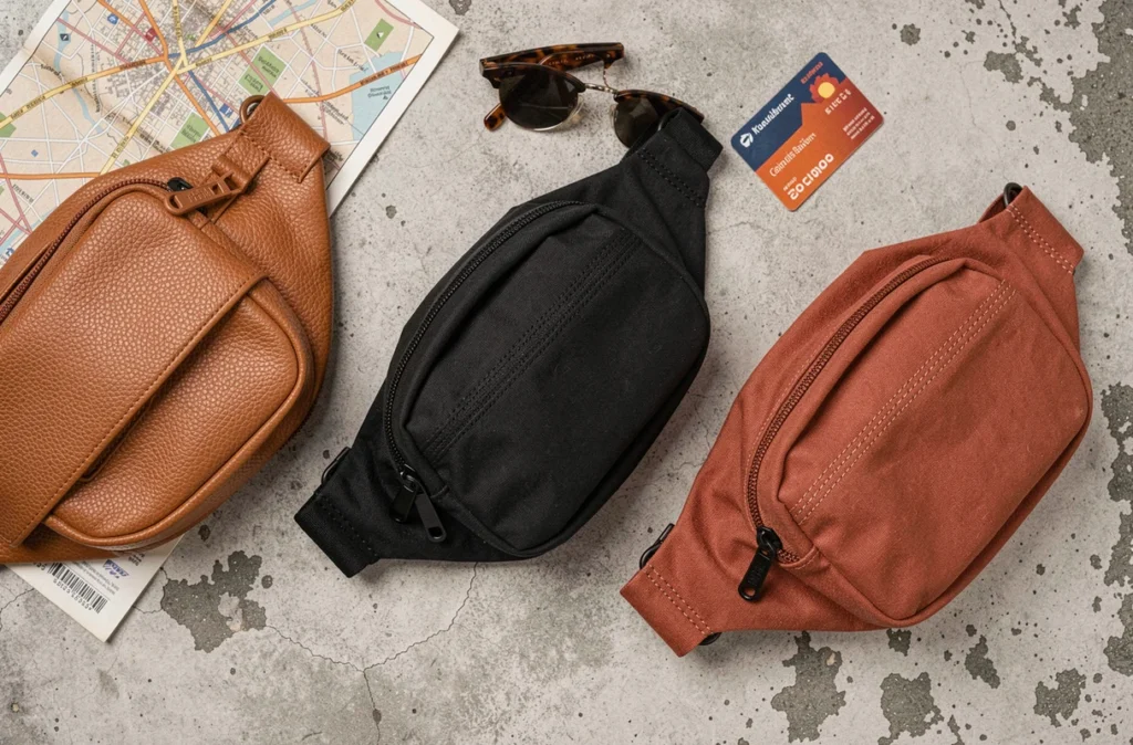 Trois sacs banane modernes en cuir, nylon et toile disposés en flat-lay sur béton gris urbain