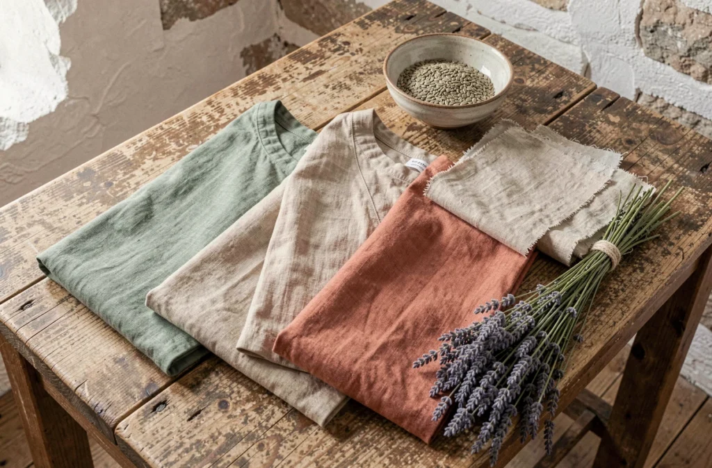 Flat lay de vêtements en lin naturel aux couleurs terreuses et estivales posés sur une table en chêne patiné, tendance mode lin été