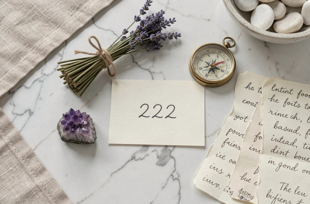 Flat-lay d'une note manuscrite avec le nombre 222 entourée de cristaux et d'objets symboliques pour la loi de l'attraction
