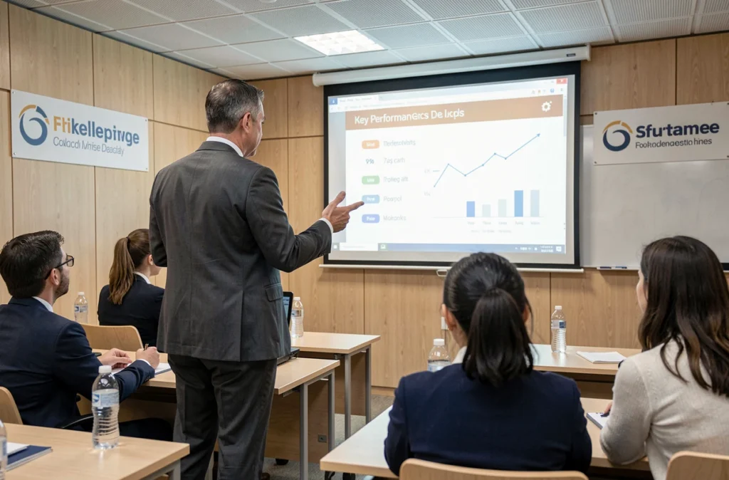 Formateur professionnel animant une session de formation en salle pour des salariés d'entreprise devant une présentation projetée