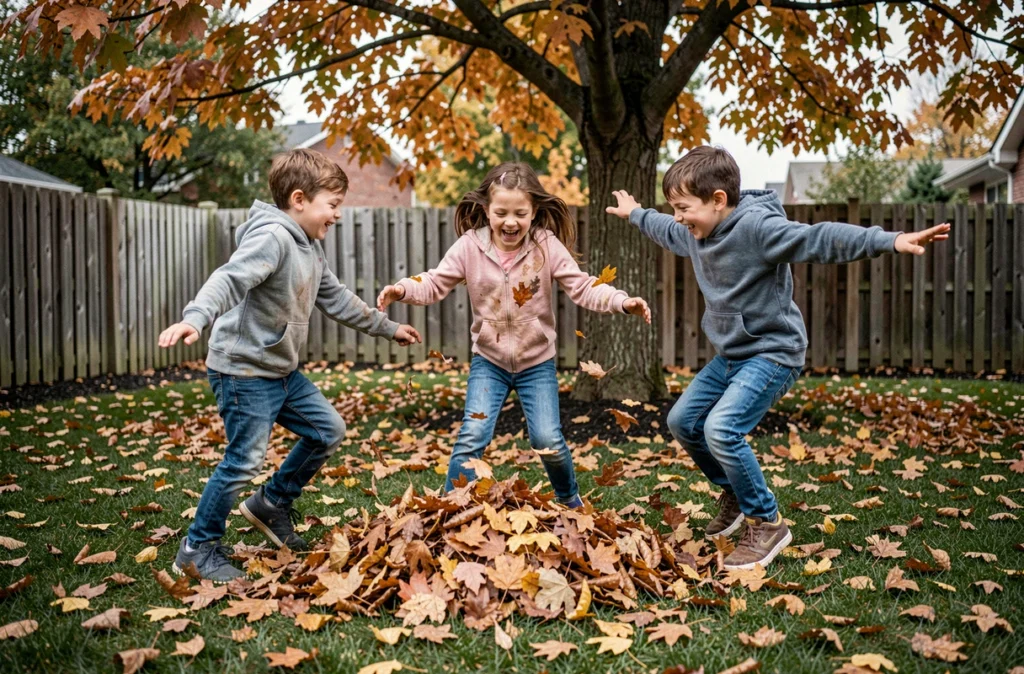 Trois frères et sœurs jouant ensemble dans les feuilles mortes dans le jardin en automne, exprimant une joie naturelle et une complicité fraternelle