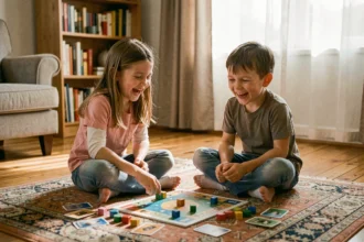 Deux enfants frère et sœur jouant à un jeu de société sur le plancher du salon, partageant un moment de complicité et de rires