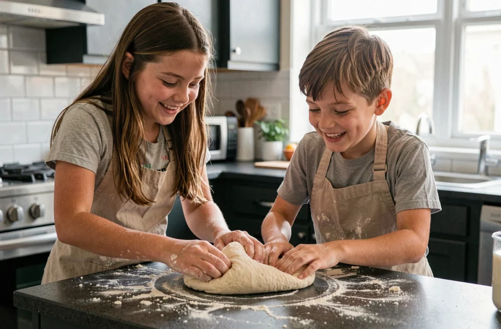 Deux adolescents frère et sœur préparant ensemble une pizza dans la cuisine familiale, les mains dans la farine dans une ambiance chaleureuse et complice