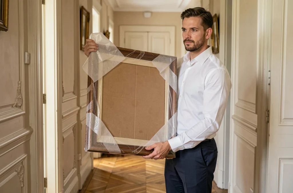 Professionnel des Gentlemen du Déménagement André portant une œuvre d'art dans un couloir bourgeois