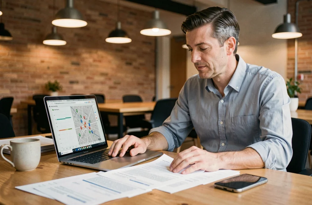 Gestionnaire immobilier analysant des données de location courte durée sur ordinateur dans un espace de coworking à Bordeaux