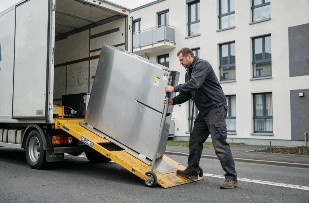 Employé de Gino Déménagements manœuvrant un monte-charge à côté d'un immeuble de la Nièvre