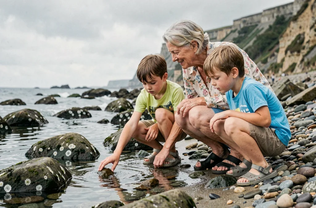 Grand-mère et petits-enfants explorant des mares rocheuses au bord de la mer lors de vacances en famille