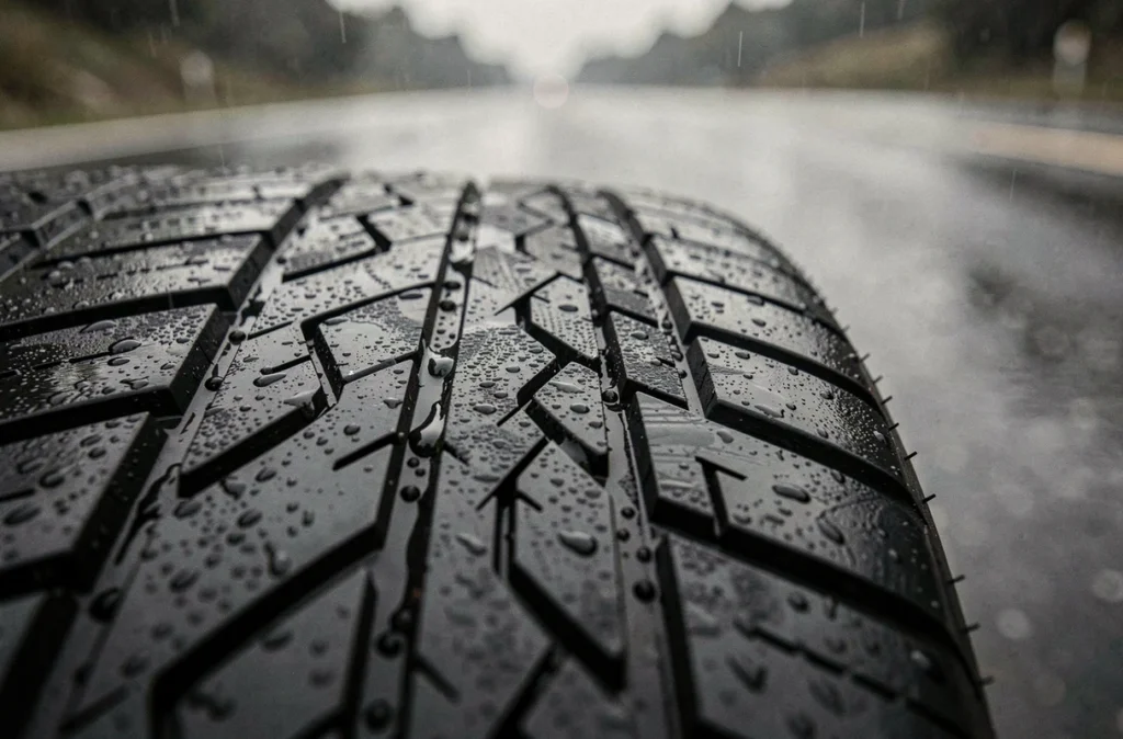 Gros plan sur la sculpture d'un pneu de voiture mouillé sur route asphaltée, illustrant les rainures de drainage et la sécurité routière par temps de pluie