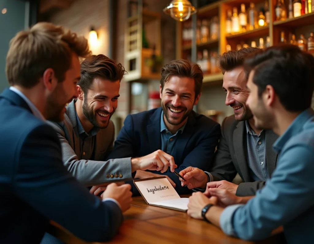 Groupe d'amis découvrant ensemble la signification du mot kayakobémé dans un bar en soirée