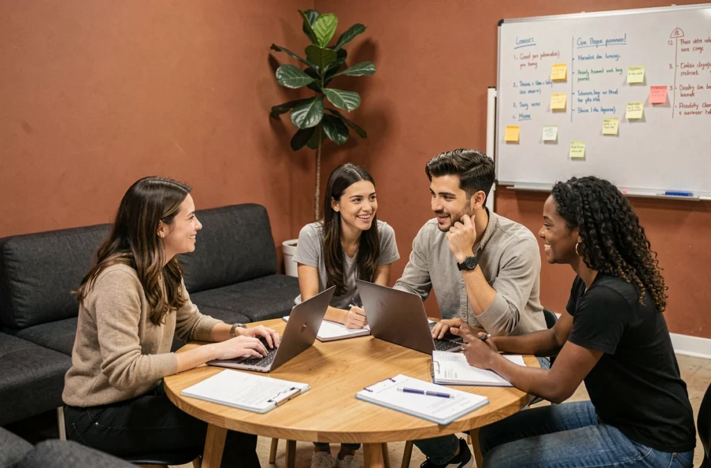 Groupe de jeunes professionnels indépendants en réunion informelle autour d'une table dans un espace de coworking convivial