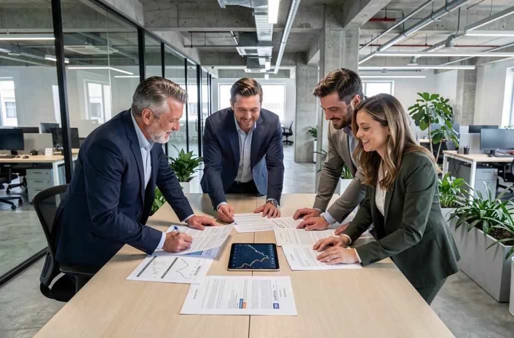 Groupe de nouveaux investisseurs particuliers analysant ensemble des données de marché sur les cryptomonnaies dans un espace de coworking