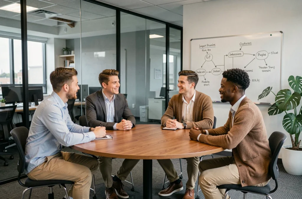 Groupe de jeunes diplômés en discussion autour d'une table dans une salle de réunion d'entreprise engagée, symbolisant leur attrait pour les organisations à impact social positif