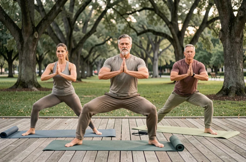 Groupe d'adultes pratiquant le yoga en plein air dans un parc, activité physique douce contribuant à la régulation de la glycémie et à la prévention du diabète