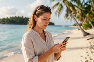 Femme sur une plage de Nouvelle-Calédonie consultant son téléphone pour connaître l'heure locale pendant les vacances d'été françaises