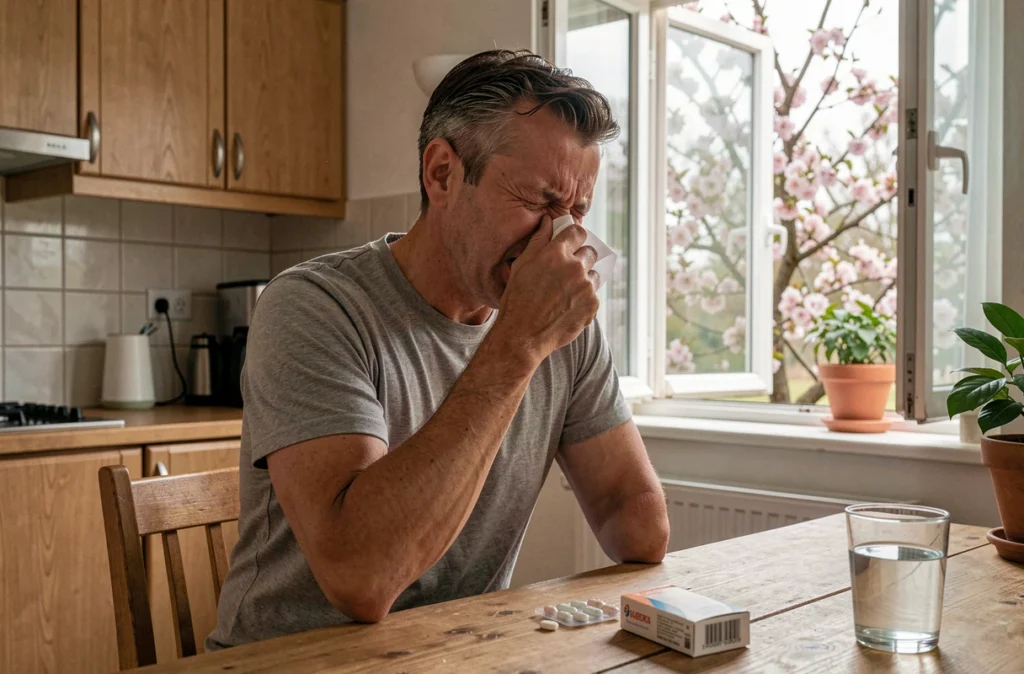 Homme adulte éternuant à cause des allergies printanières dans sa cuisine avec des médicaments antihistaminiques sur la table