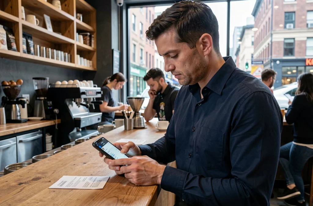 Homme enregistrant une dépense sur une application mobile de finances personnelles dans un café urbain