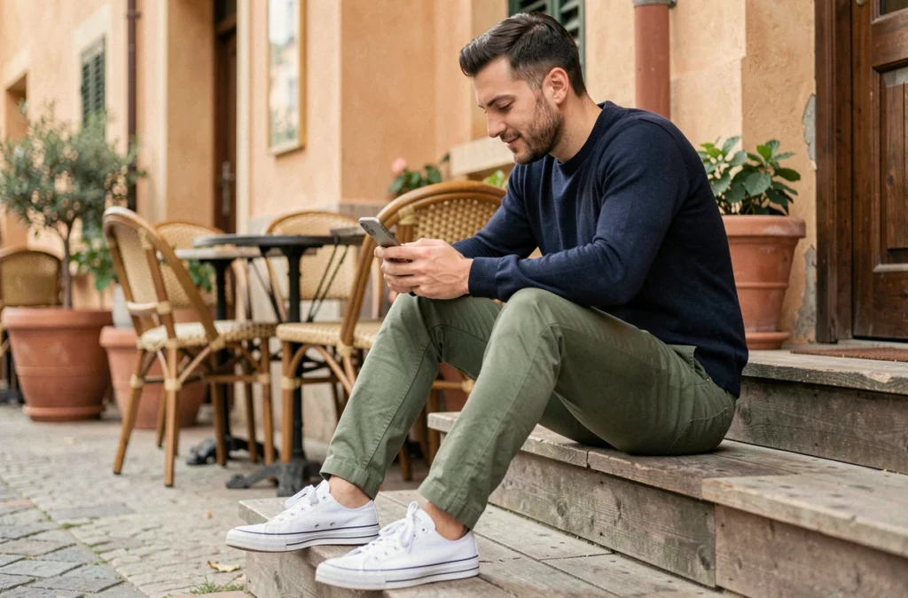 Homme assis sur les marches d'une terrasse de café portant des baskets blanches en toile et un pantalon chino vert olive