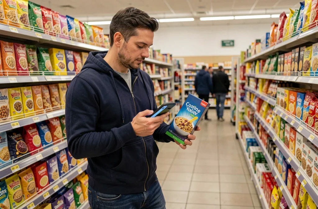 Homme comparant des produits en rayon de supermarché avec une application de carte de fidélité sur smartphone