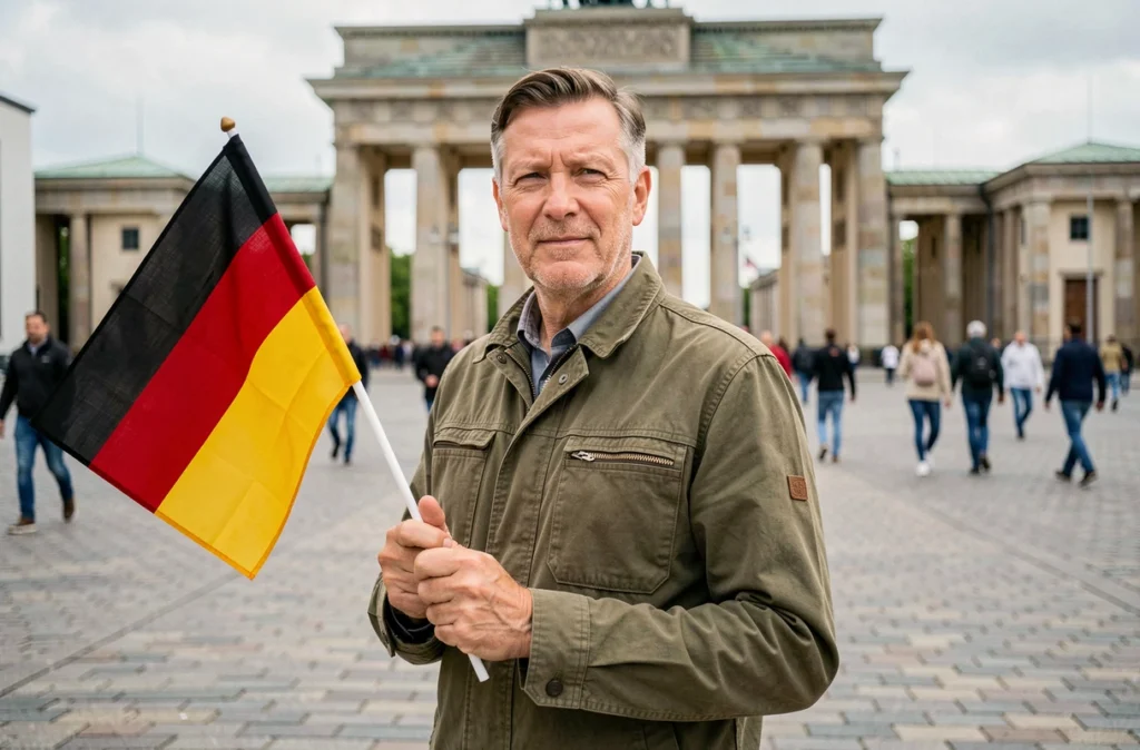 Homme tenant un drapeau allemand noir rouge or devant la Porte de Brandebourg à Berlin
