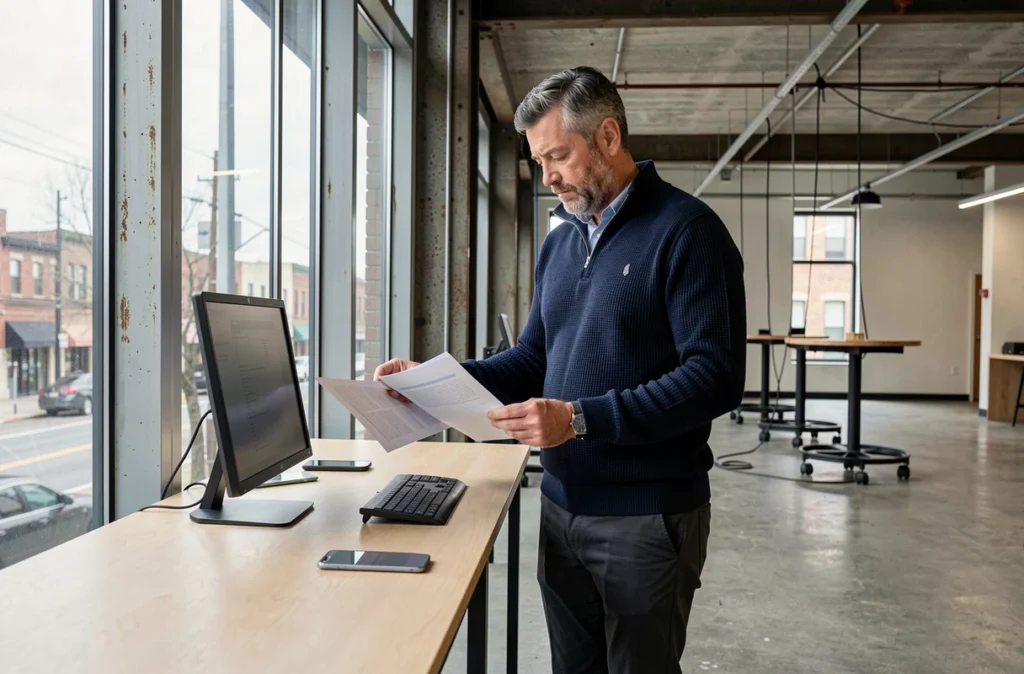 Homme freelance debout à un bureau ajustable dans un espace de coworking de style entrepôt avec grandes fenêtres industrielles