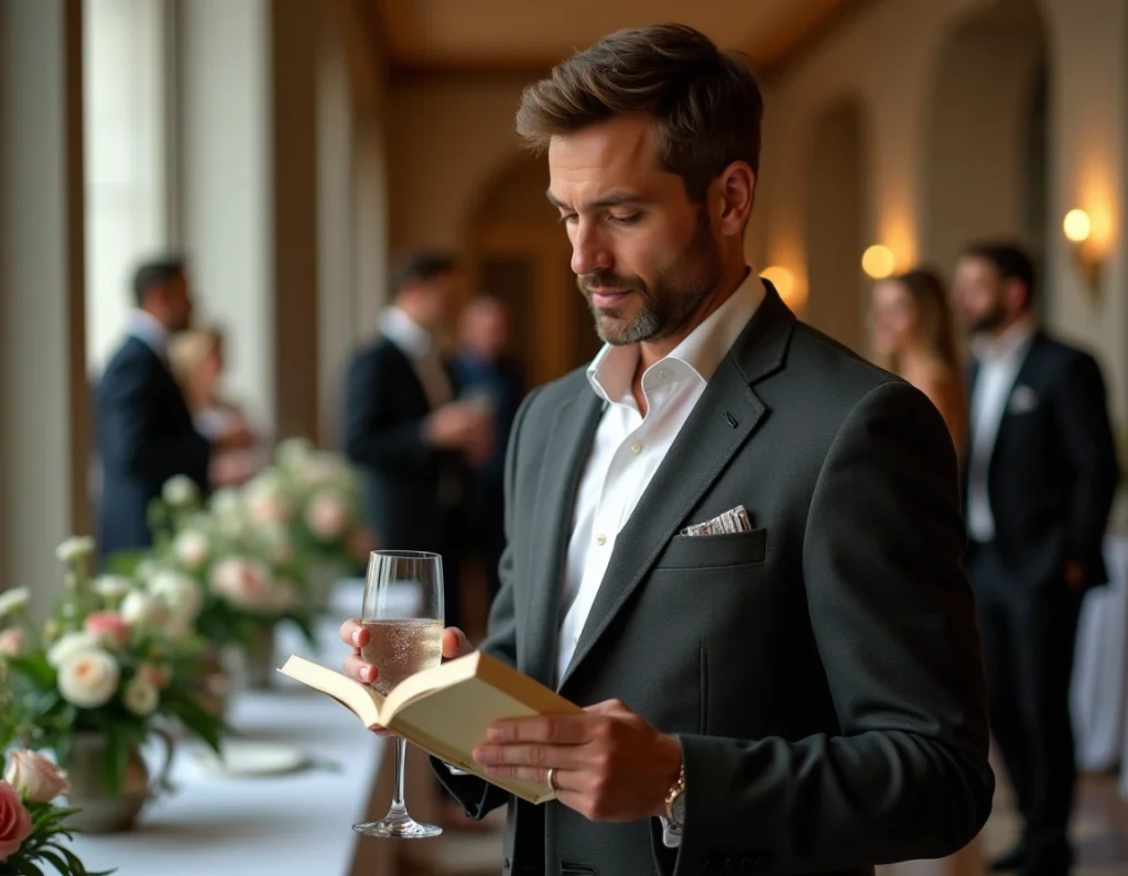 Homme consultant un guide de traduction lors d'une soirée de réception élégante